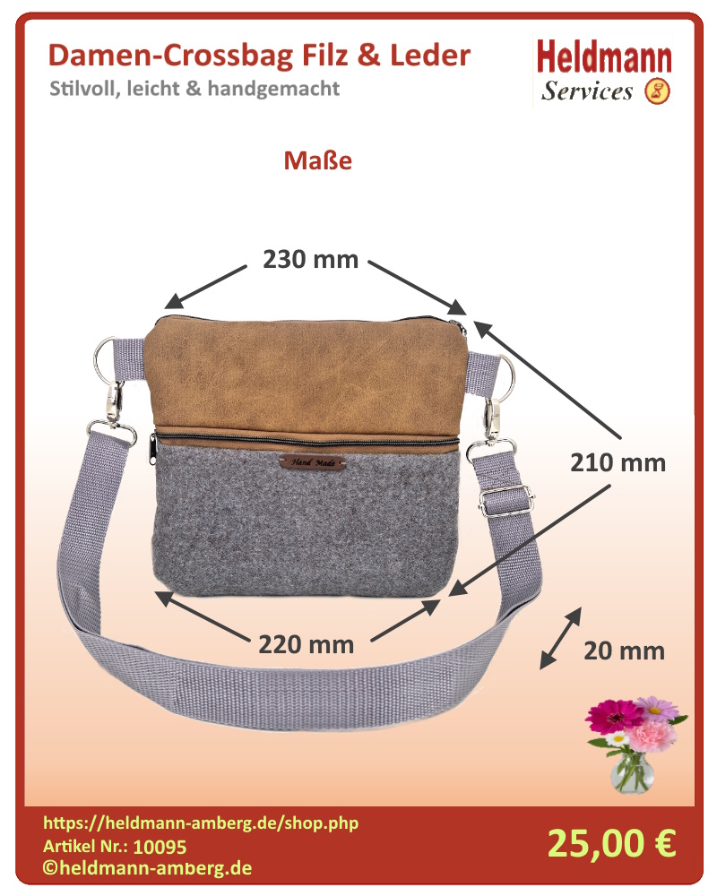 10095 Damen-Crossbag Filz & Leder Maße