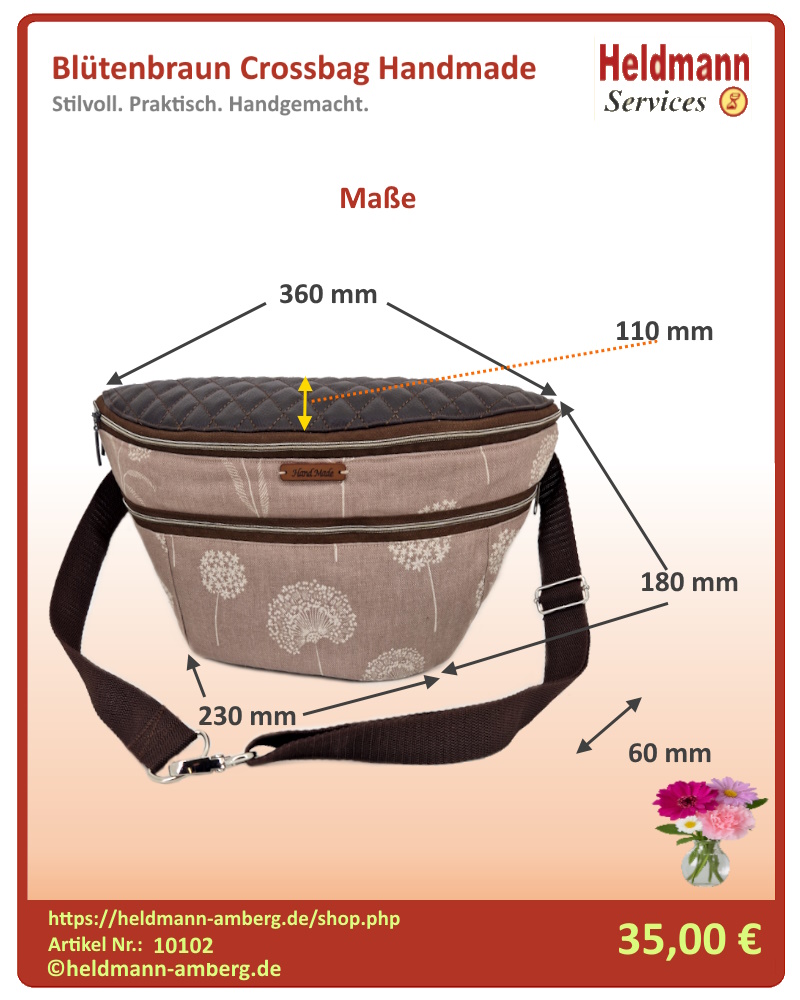 10102 Blütenbraun Crossbag Handmade Maße
