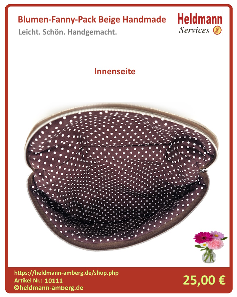 10111 Blumen-Fanny-Pack Beige Handmade Innenseite