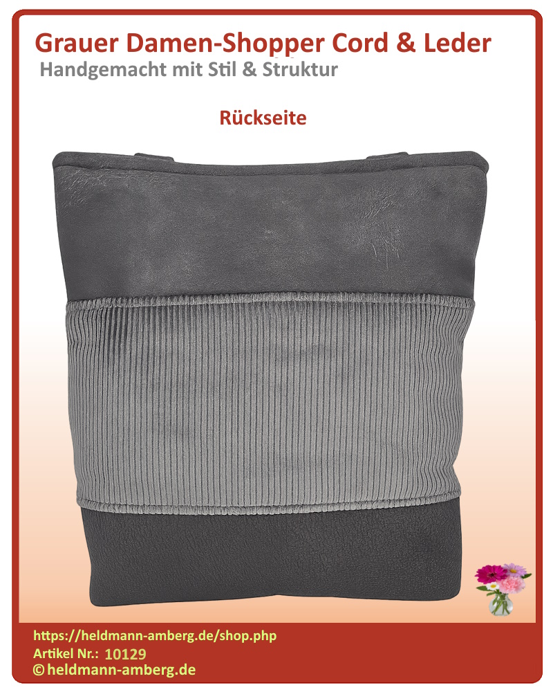 10129 Grauer Damen-Shopper Cord & Leder Rückseite