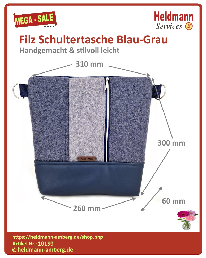 10159 Filz Schultertasche Blau-Grau Maße